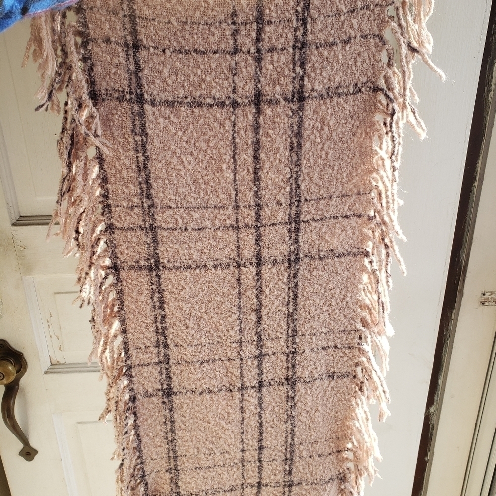Pink and gray plaid fringe infinity scarf.